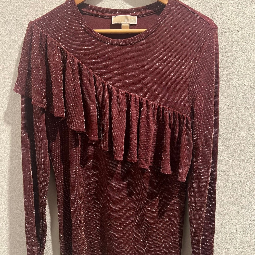 Michael Kors Metallic Burgundy Ruffle Cold Shoulder Blouse Gold Shimmer Top L